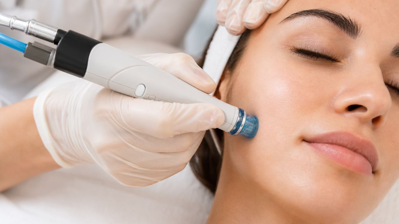Une esthéticienne effectue un soin du visage hydrafacial sur la peau d'une femme détendue à Genève.