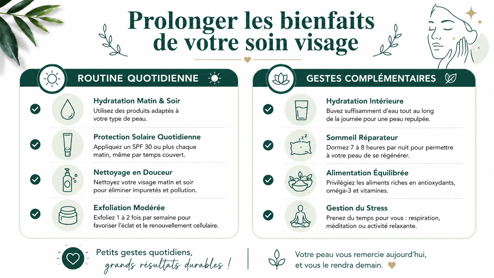 Infographie illustrant des conseils de soins pour le visage, routine quotidienne et habitudes de vie saine.