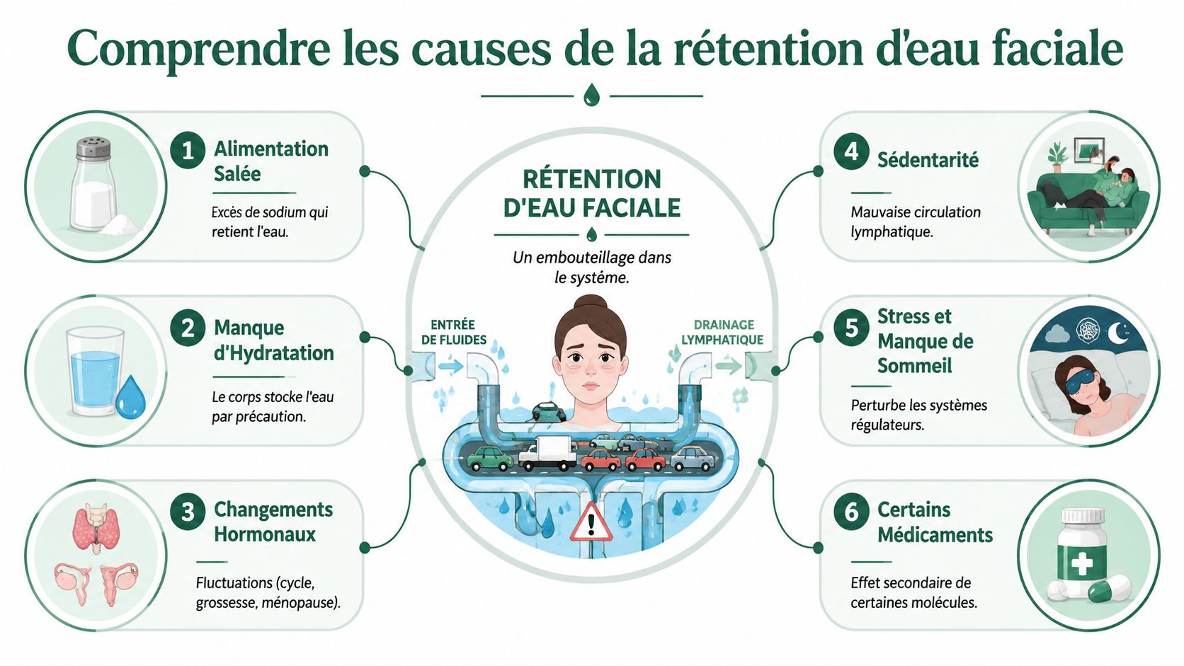Infographie illustrant six causes principales de la rétention d'eau au niveau du visage.