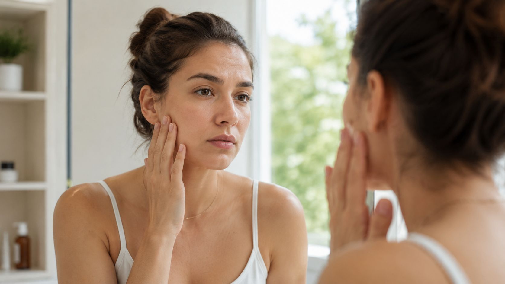 Une femme regardant son reflet dans le miroir tout en touchant doucement sa joue avec ses doigts.