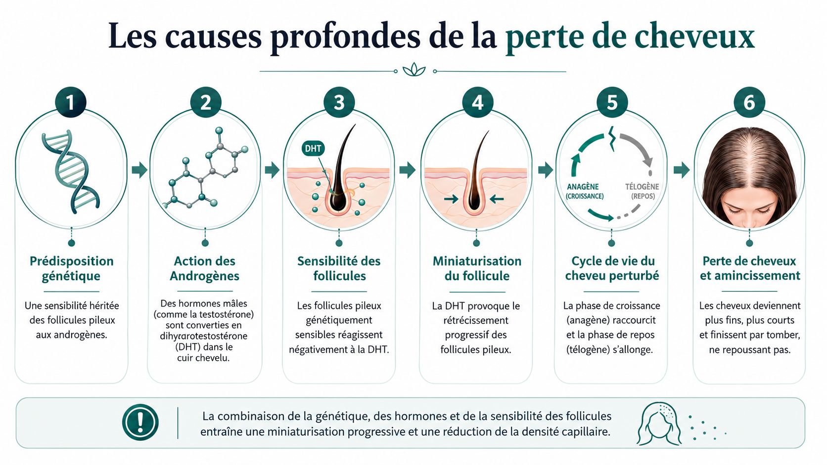 Schéma illustrant les six étapes du processus biologique menant à l'alopécie androgénétique chez la femme.