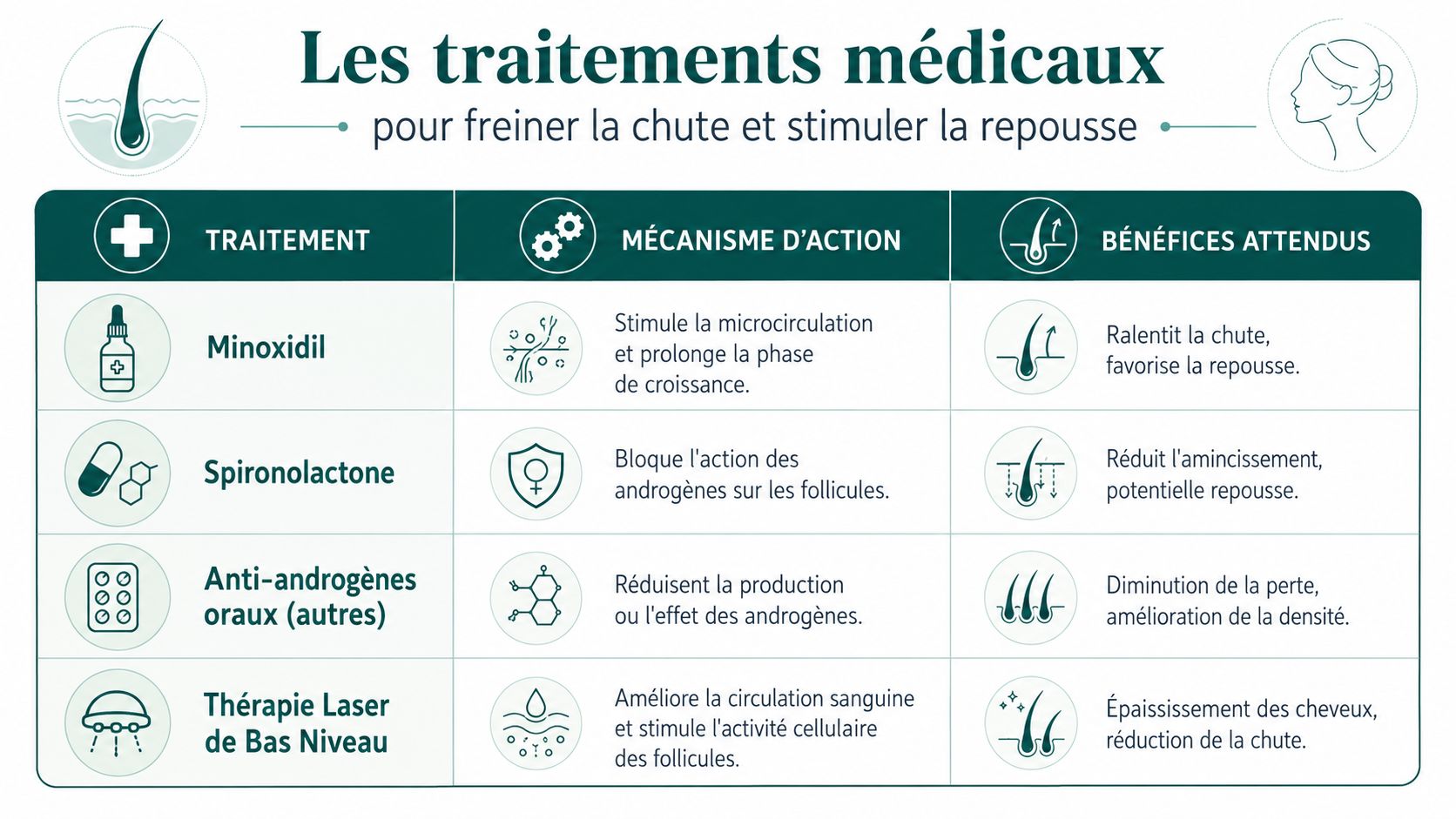 Tableau récapitulatif des traitements médicaux pour freiner la chute de cheveux et stimuler la repousse capillaire.