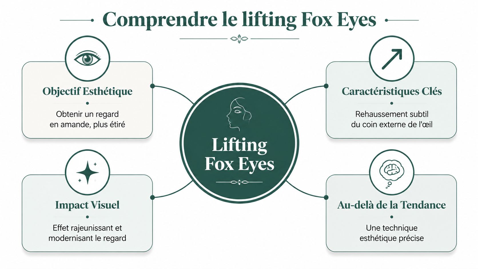 Infographie expliquant le lifting Fox Eyes avec ses objectifs esthétiques, caractéristiques, impacts visuels et détails techniques.