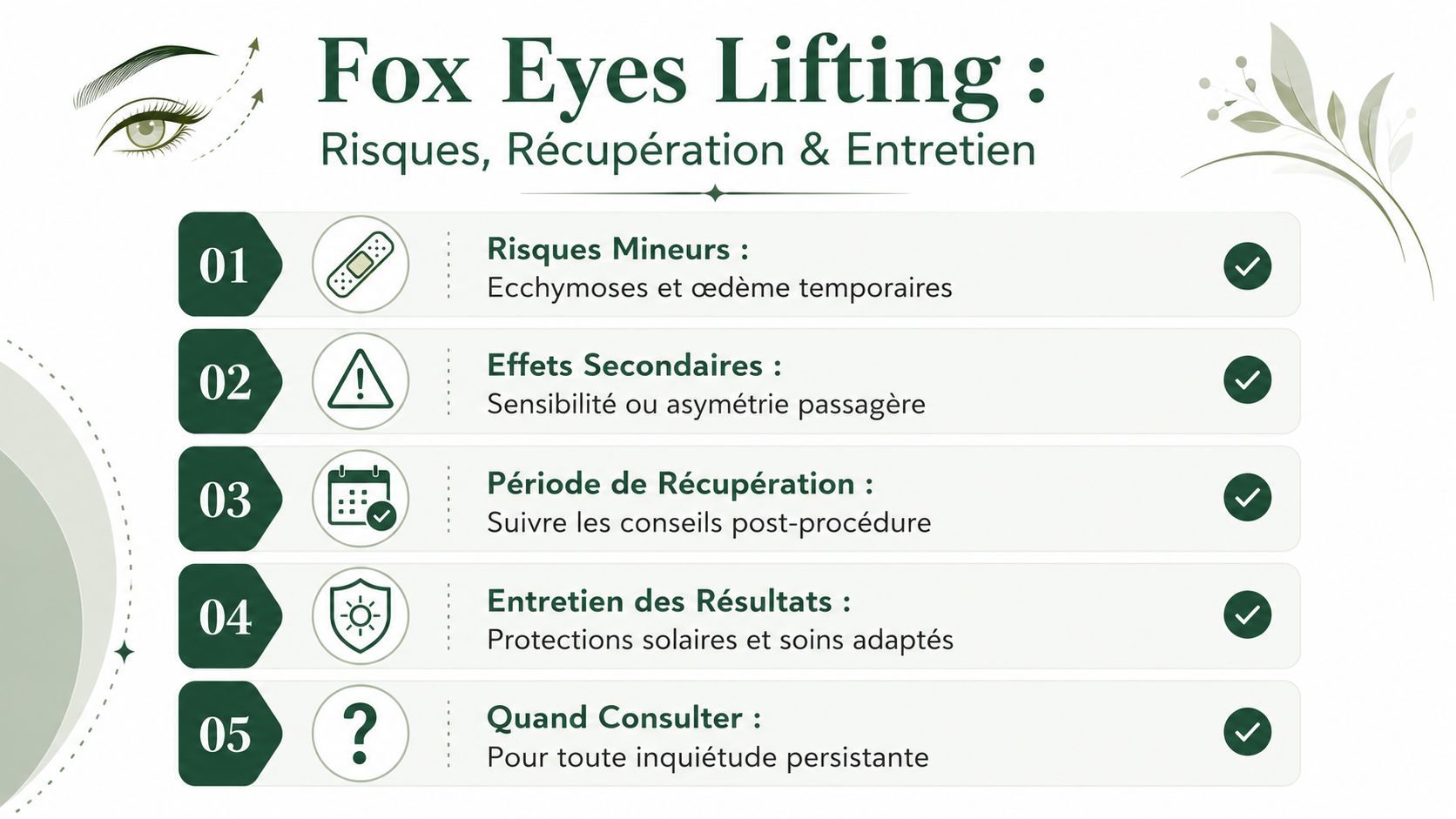 Infographie illustrant les risques, la récupération et l'entretien liés à l'intervention esthétique Fox Eyes Lifting.