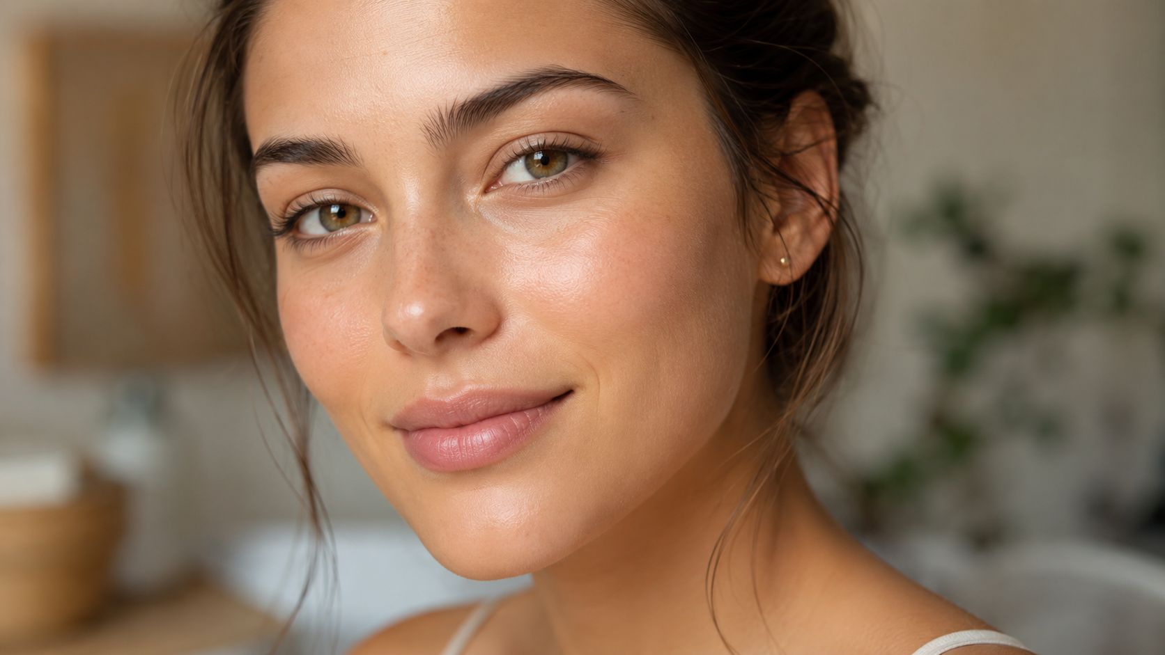 Gros plan sur le visage d'une jeune femme avec une peau radieuse et naturelle sans imperfections.