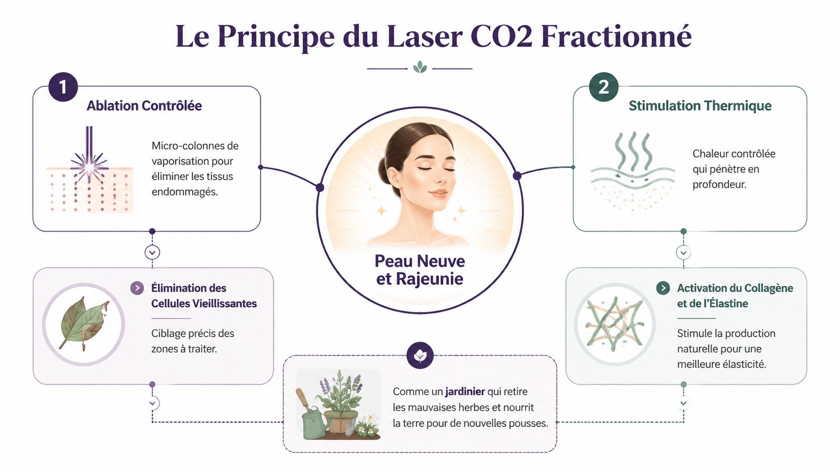 Schéma explicatif montrant le fonctionnement du laser CO2 fractionné pour le rajeunissement et la régénération de la peau.
