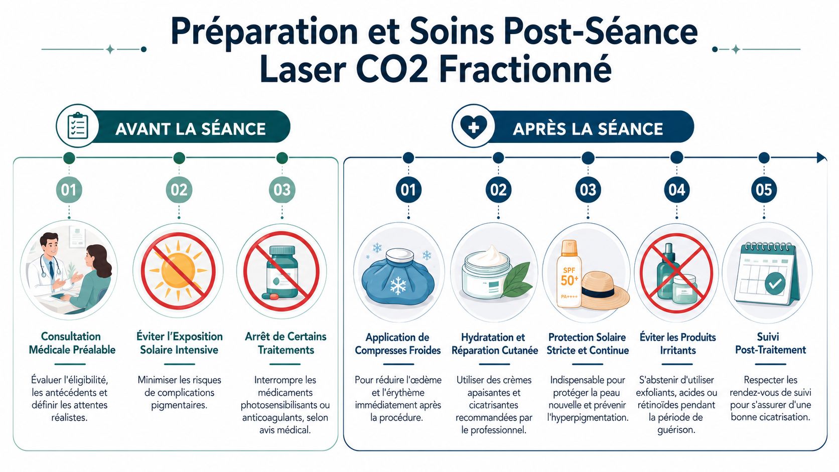 Infographie détaillant les conseils de préparation et les soins post-traitement pour une séance de laser CO2 fractionné.