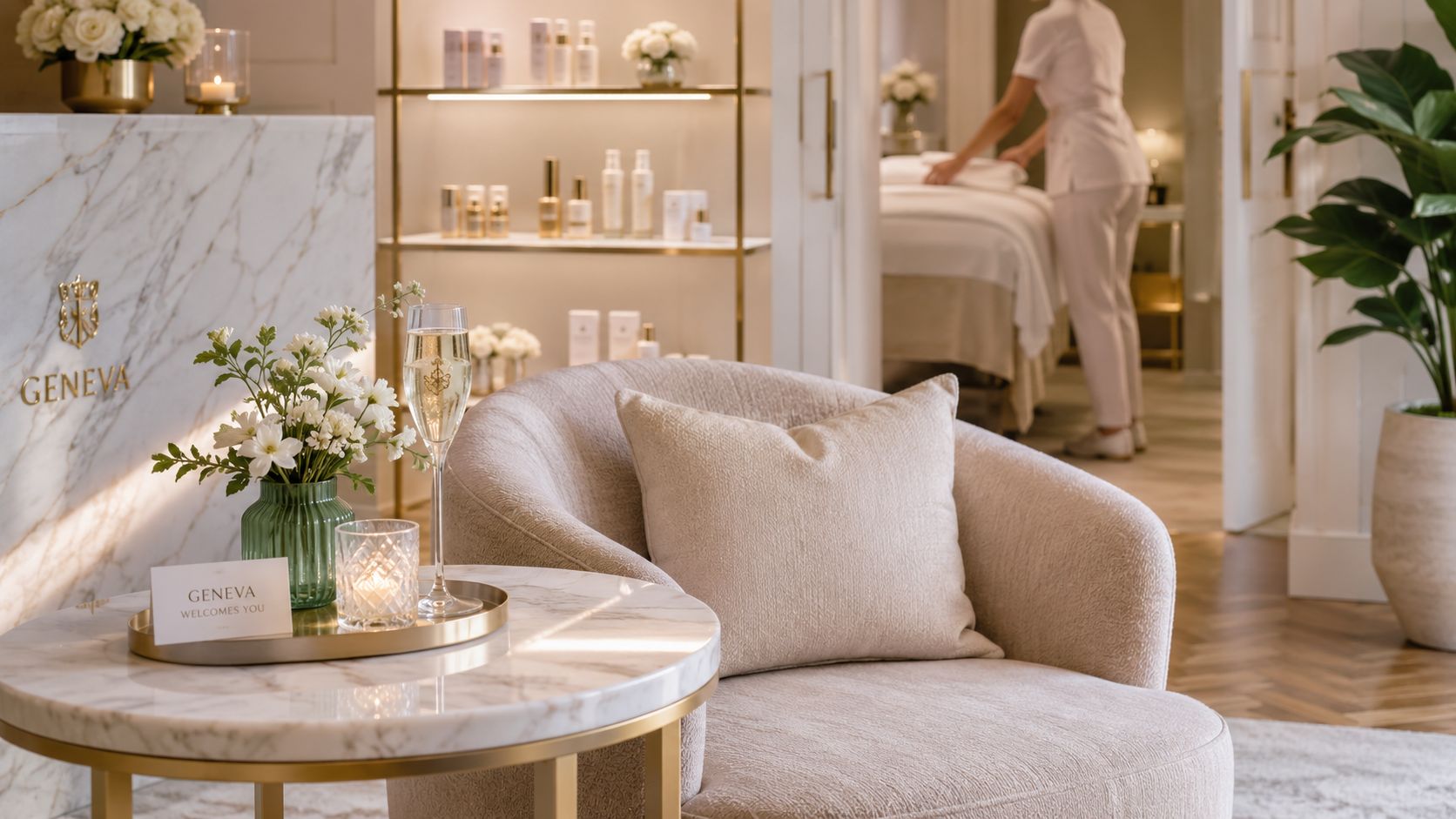 Vue intérieure relaxante d'un institut de beauté de luxe à Genève avec accueil, fleurs et soins du visage.