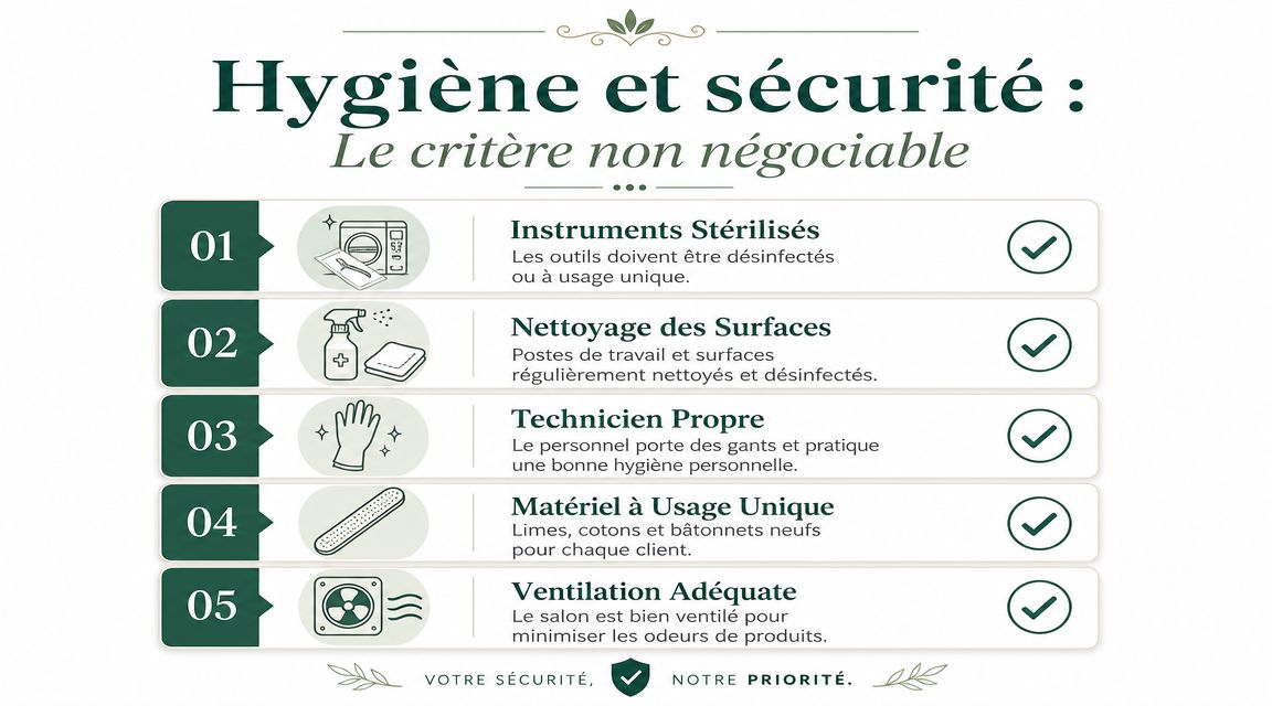 Infographie détaillant les cinq règles essentielles d'hygiène et de sécurité dans un salon de manucure professionnel.