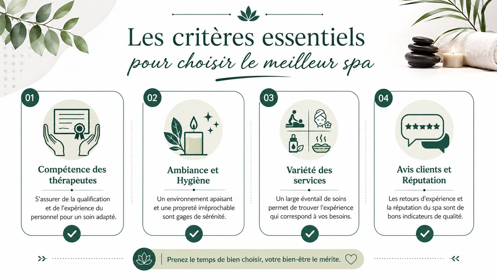 Une infographie présentant les quatre critères essentiels pour choisir le meilleur spa, incluant compétence, ambiance, services et réputation.