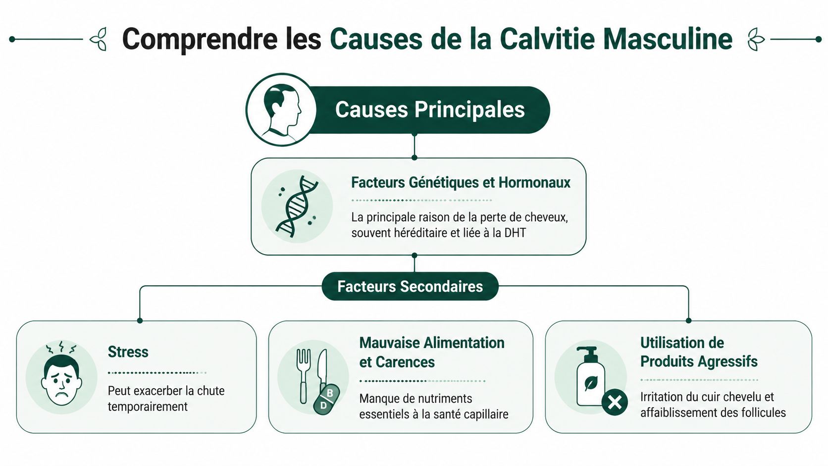 Infographie illustrant les causes principales et secondaires de la calvitie masculine, incluant la génétique, le stress et l'alimentation.