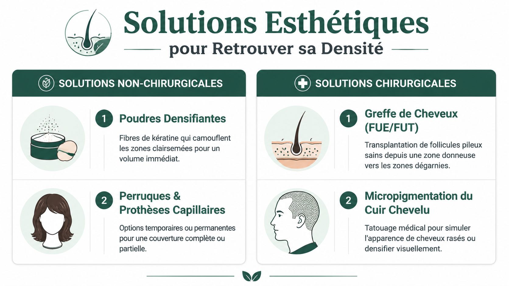 Infographie présentant diverses solutions esthétiques non chirurgicales et chirurgicales pour traiter la perte de densité capillaire.