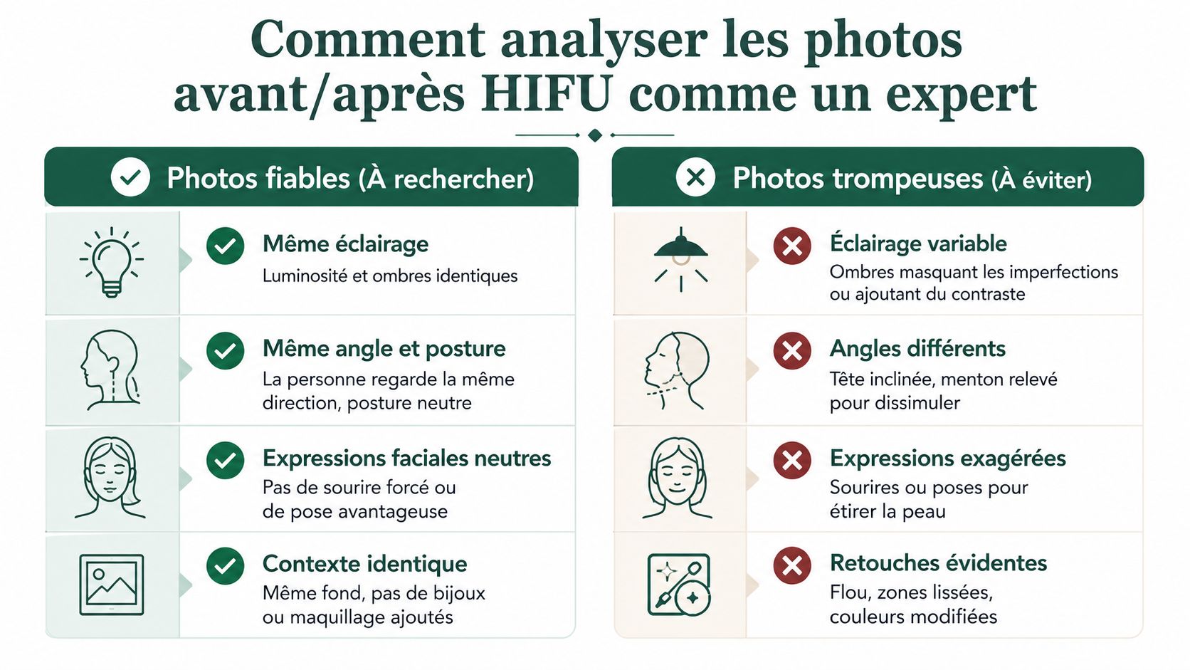 Infographie comparant les photos avant et après HIFU fiables et trompeuses pour une analyse experte des résultats.