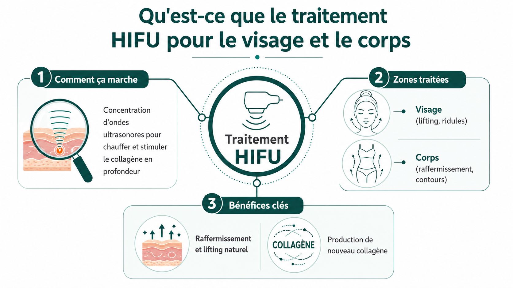Infographie explicative illustrant le fonctionnement, les zones traitées et les bénéfices du traitement esthétique HIFU.