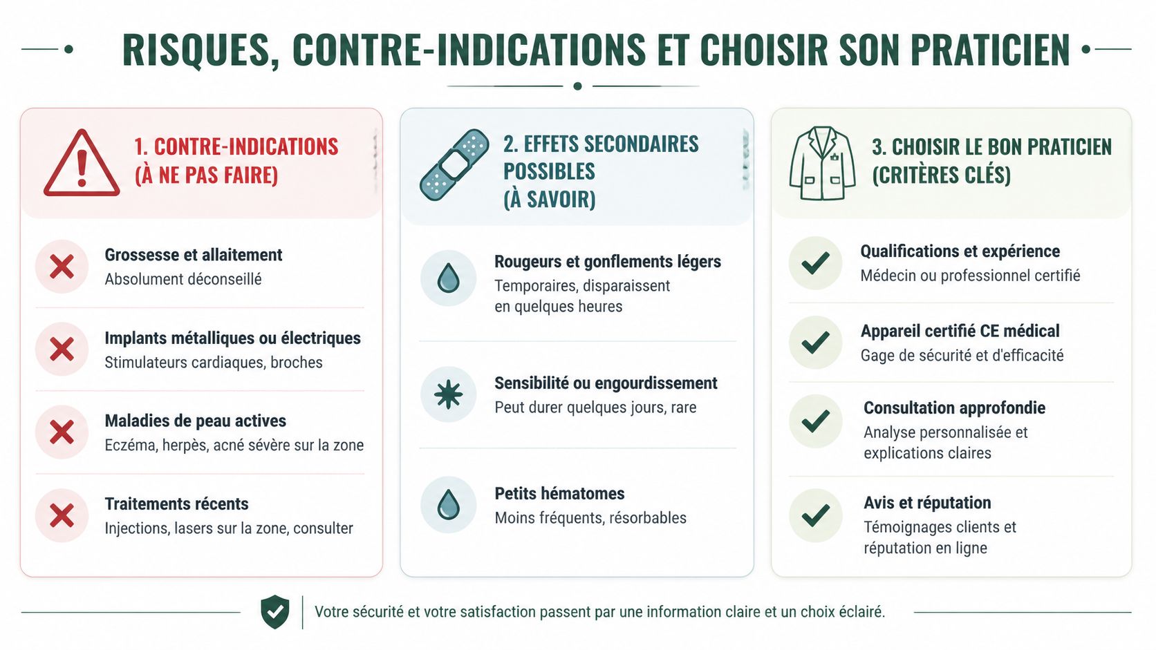 Infographie résumant les contre-indications, effets secondaires possibles et critères pour choisir un praticien qualifié en esthétique.