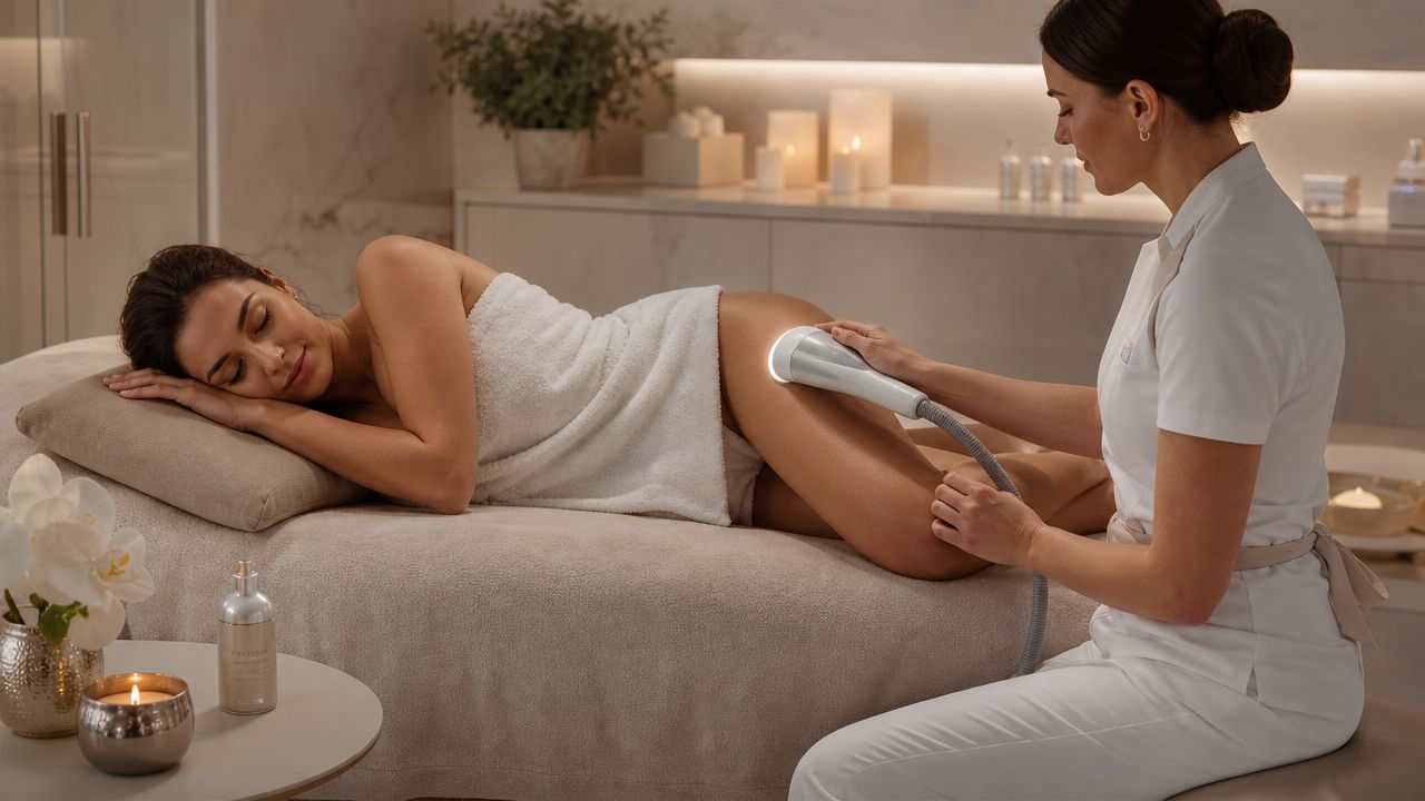 Une esthéticienne effectue un traitement de remodelage corporel professionnel sur la hanche d'une femme détendue en institut.