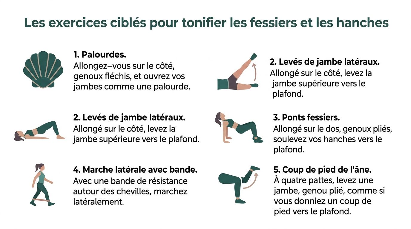 Une infographie présentant cinq exercices ciblés en français pour tonifier les fessiers et les hanches à la maison.