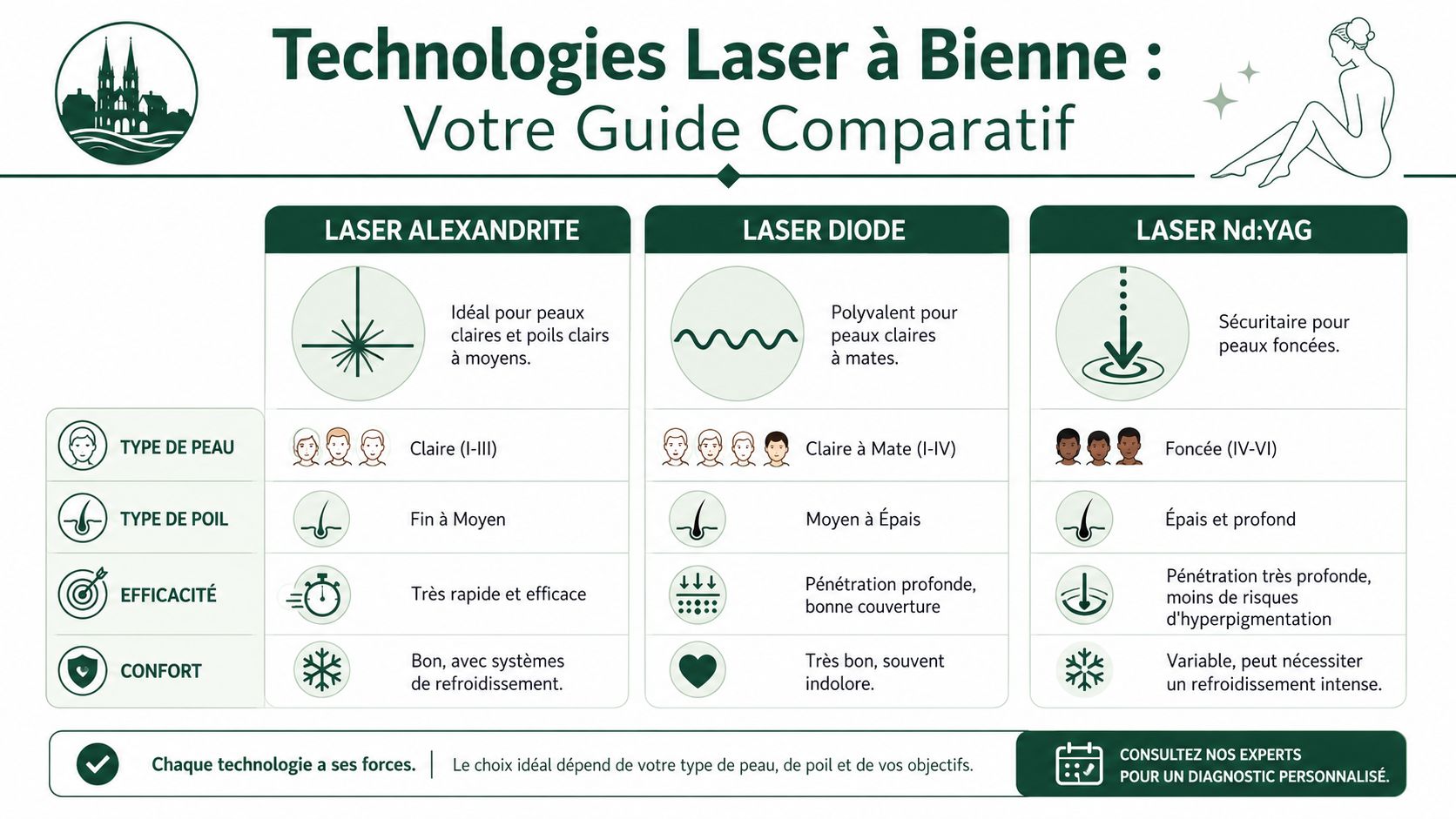 Tableau comparatif des différentes technologies laser pour l'épilation à Bienne selon le type de peau et poil.