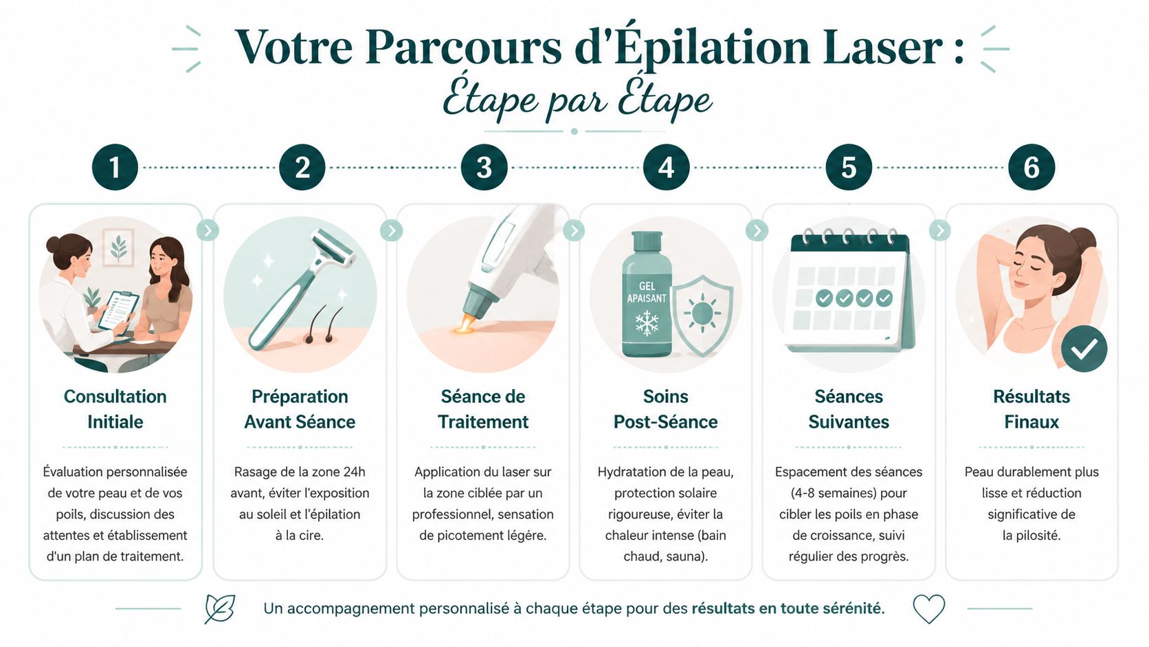 Infographie détaillée illustrant les six étapes clés du processus d'épilation laser, de la consultation aux résultats finaux.