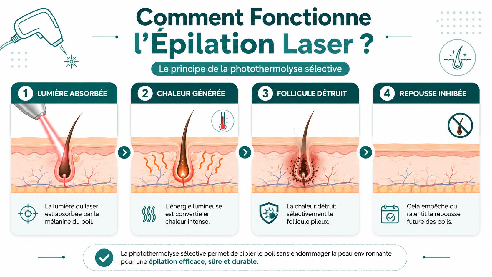 Infographie illustrant les quatre étapes du fonctionnement de l'épilation laser par le principe de la photothermolyse sélective.