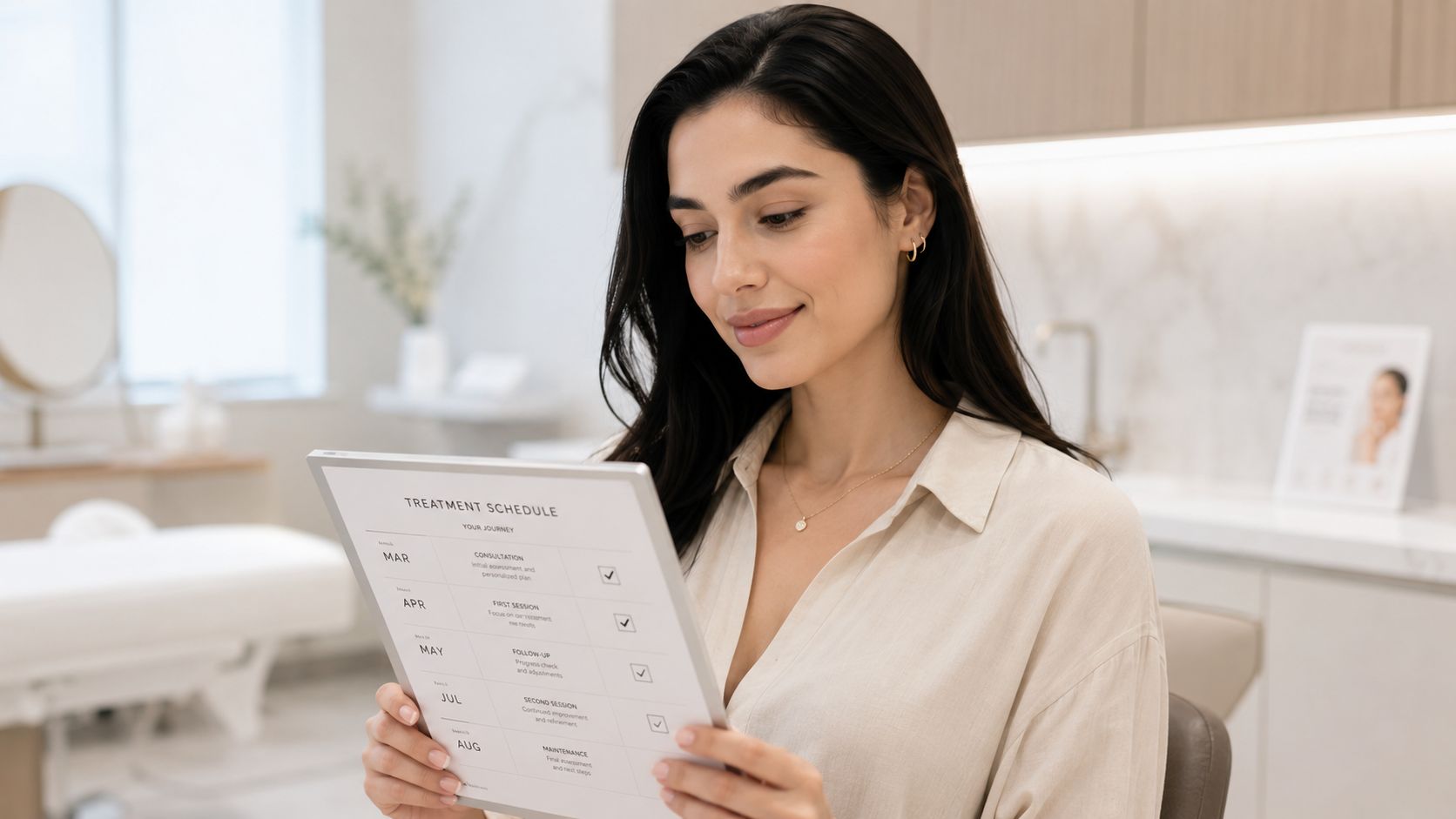 Une femme souriante examinant son planning de traitement laser dans une clinique esthétique moderne et lumineuse.