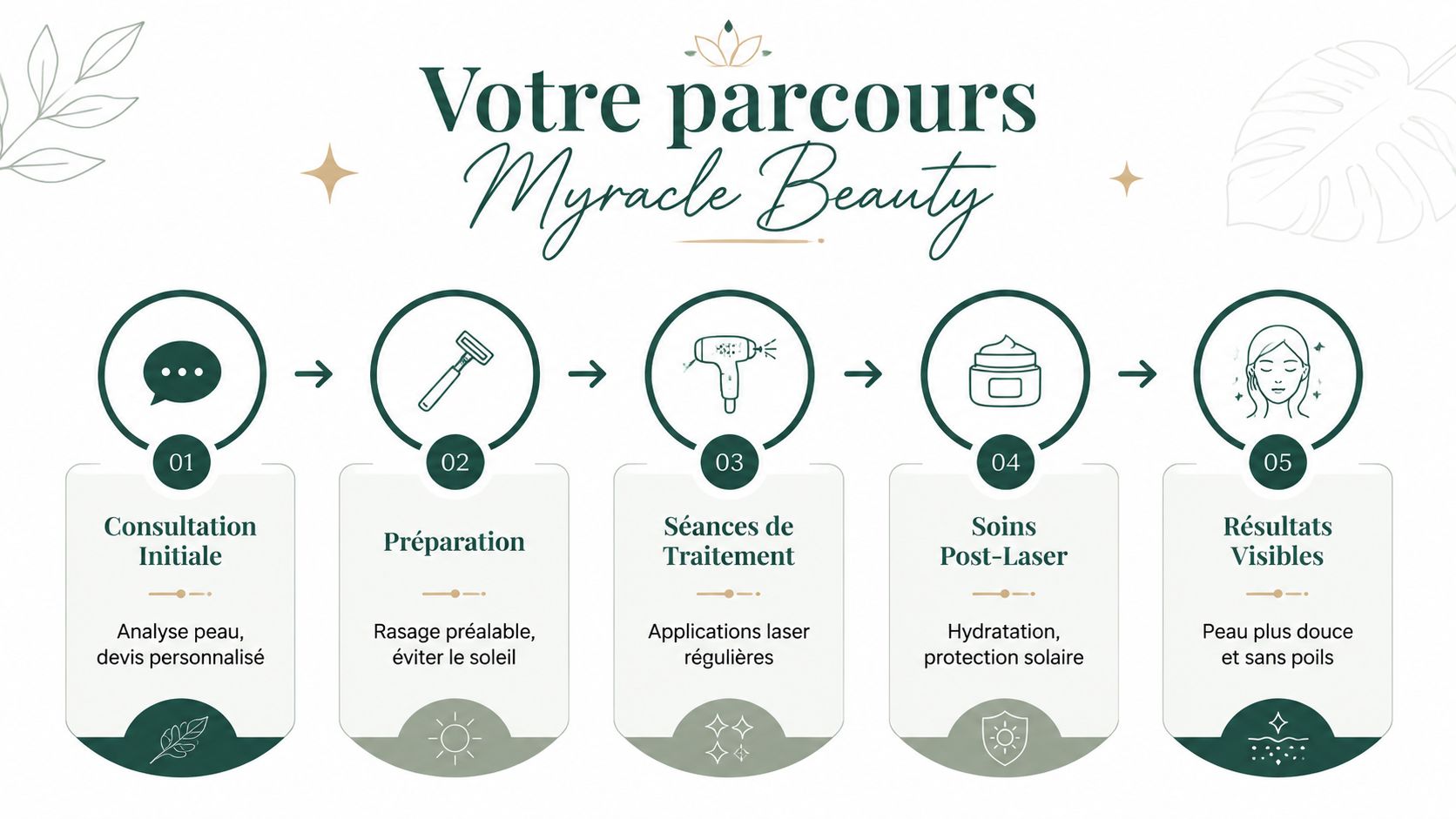 Infographie détaillant les cinq étapes du parcours d'épilation laser chez Myracle Beauty, de la consultation aux résultats.