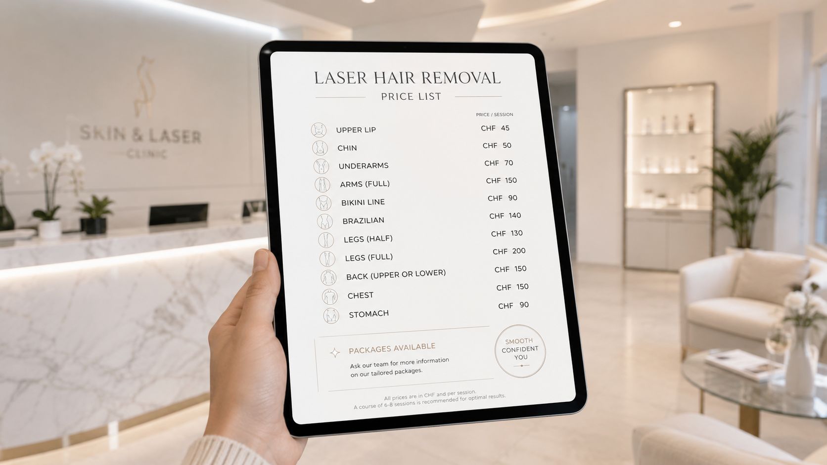 Une main tenant une tablette numérique affichant une liste de prix pour des séances d'épilation laser.