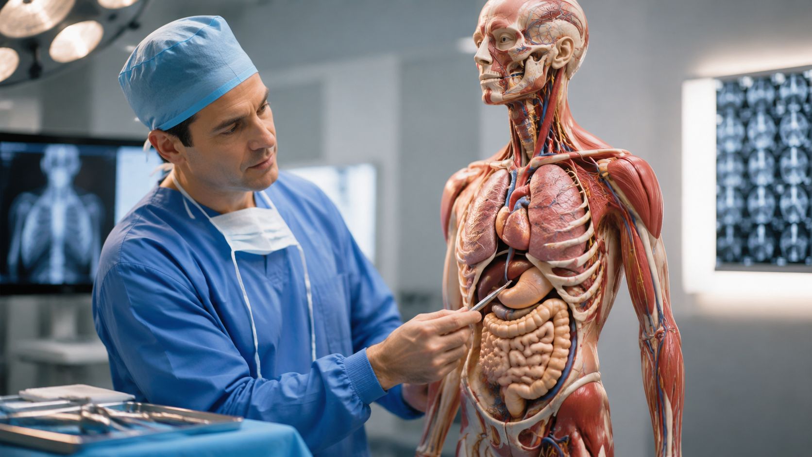 Un chirurgien en blouse bleue explique l'anatomie humaine sur un modèle anatomique détaillé dans un bloc opératoire.