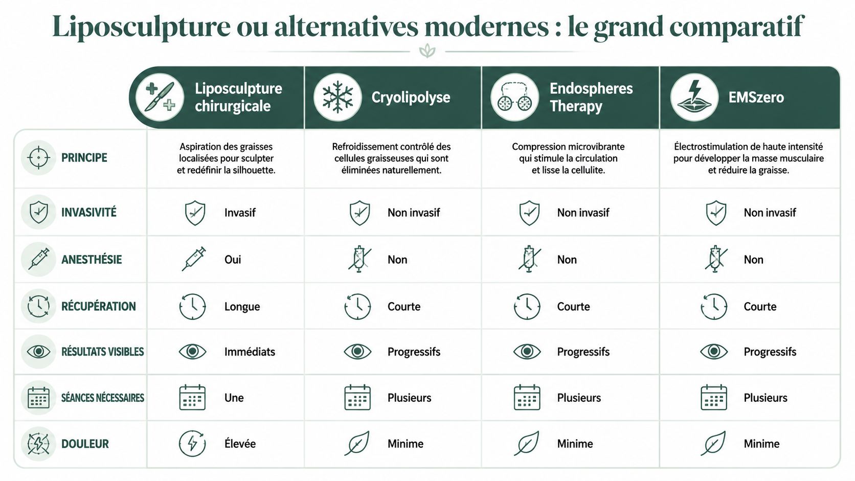 Tableau comparatif illustrant les différences entre la liposculpture chirurgicale et les traitements esthétiques modernes non invasifs.