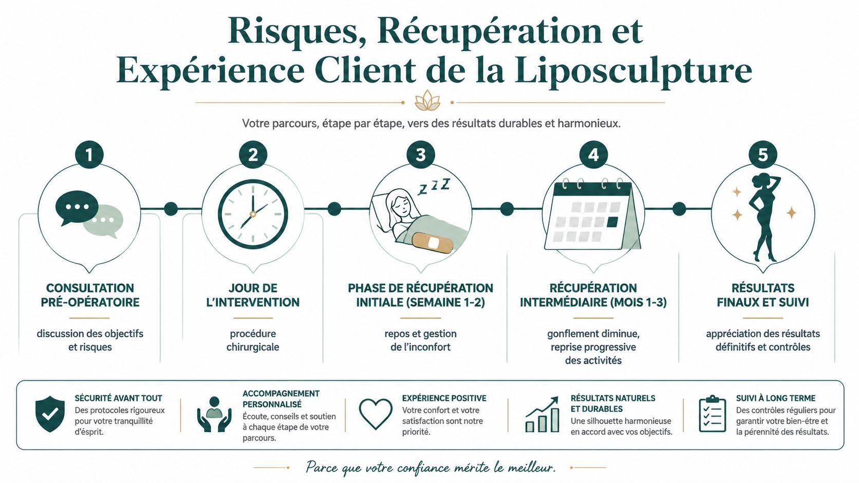 Infographie détaillant les cinq étapes du processus de liposculpture, de la consultation initiale aux résultats finaux.