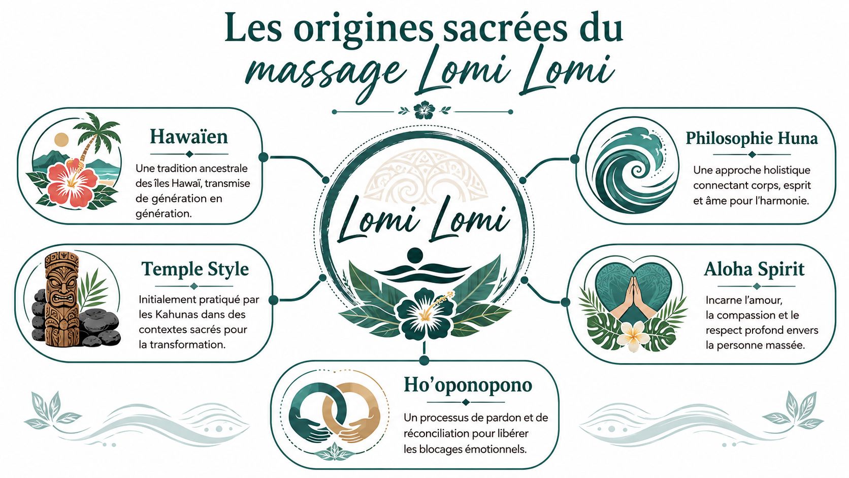Infographie illustrant les origines sacrées, la philosophie et les traditions du massage traditionnel hawaïen Lomi Lomi.
