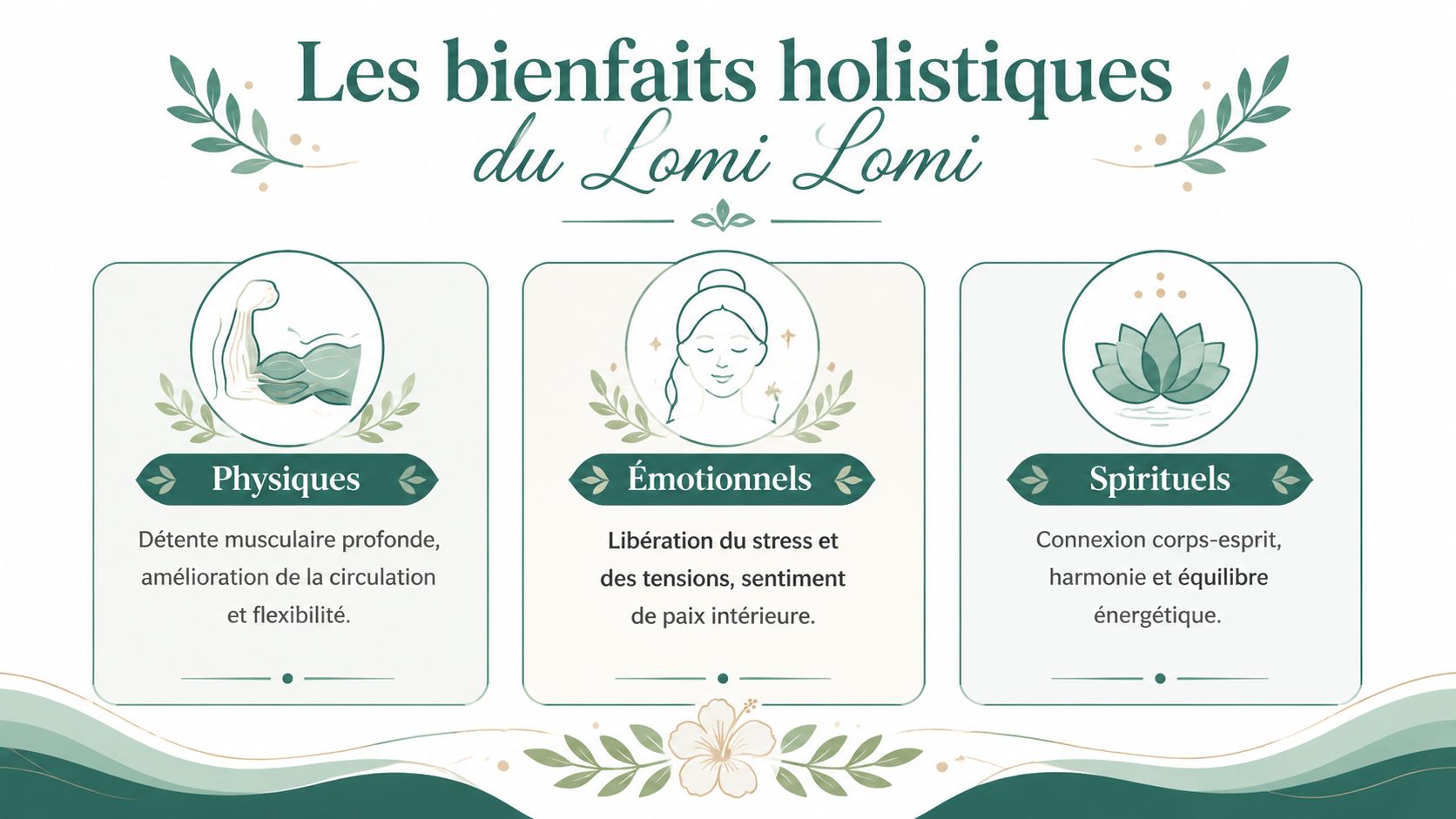 Une illustration infographique présentant les bienfaits holistiques du massage Lomi Lomi sur le corps, l'esprit et l'âme.