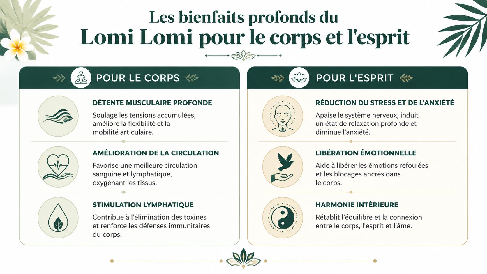 Infographie illustrant les bienfaits physiques et mentaux profonds du massage hawaïen traditionnel Lomi Lomi pour la santé.
