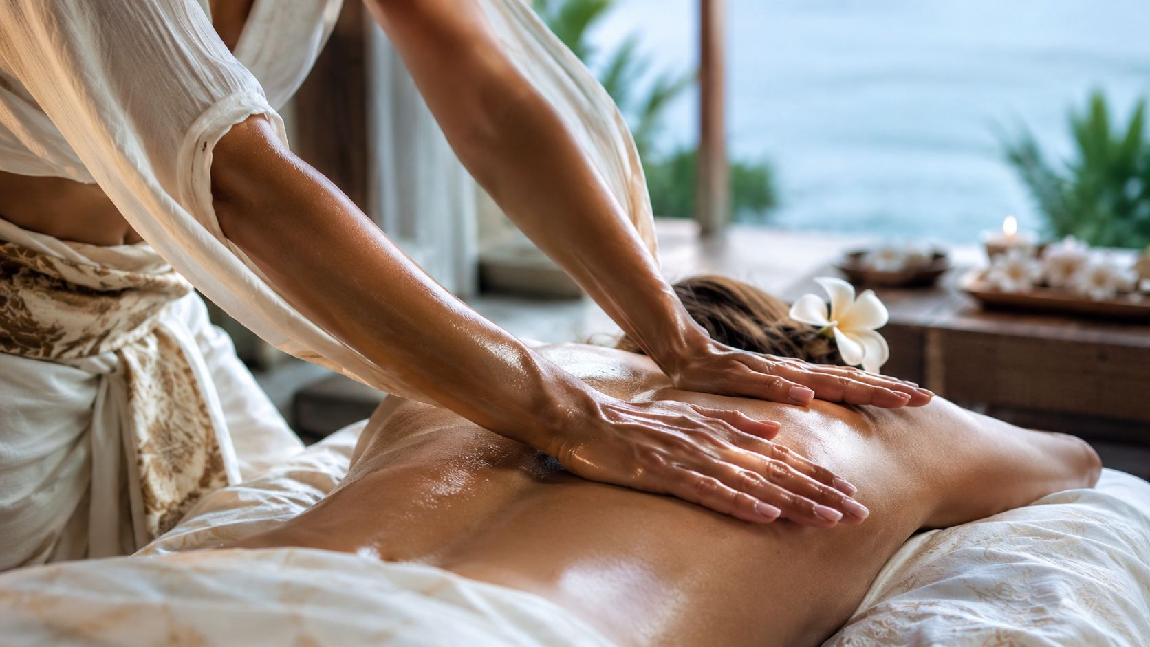 Une praticienne effectue un massage Lomi Lomi relaxant sur le dos d'une personne dans un spa luxueux.