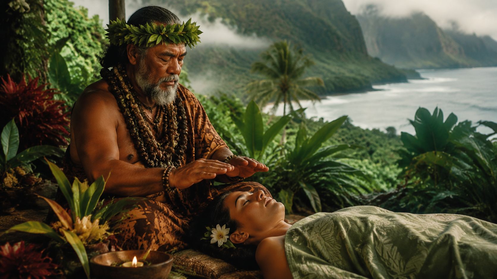 Un guérisseur traditionnel hawaïen effectue un massage Lomi Lomi thérapeutique sur une femme dans un cadre tropical relaxant.