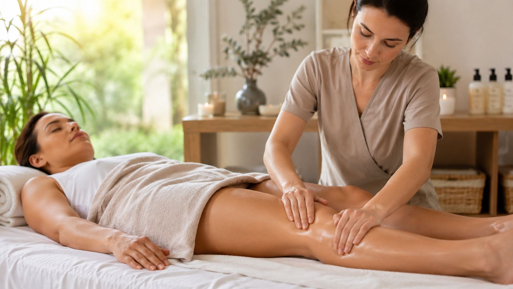 Une masseuse professionnelle effectue un soin de drainage lymphatique relaxant sur la jambe d'une cliente dans un spa.