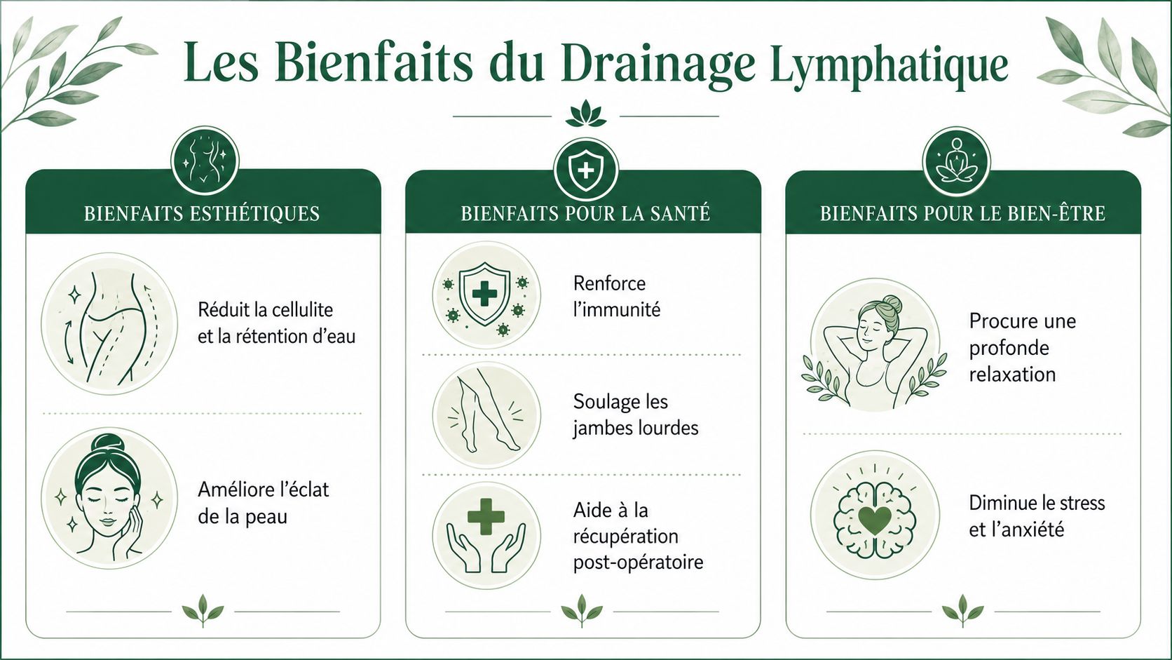 Infographie illustrant les nombreux bienfaits esthétiques, sanitaires et de bien-être du drainage lymphatique pour le corps humain.