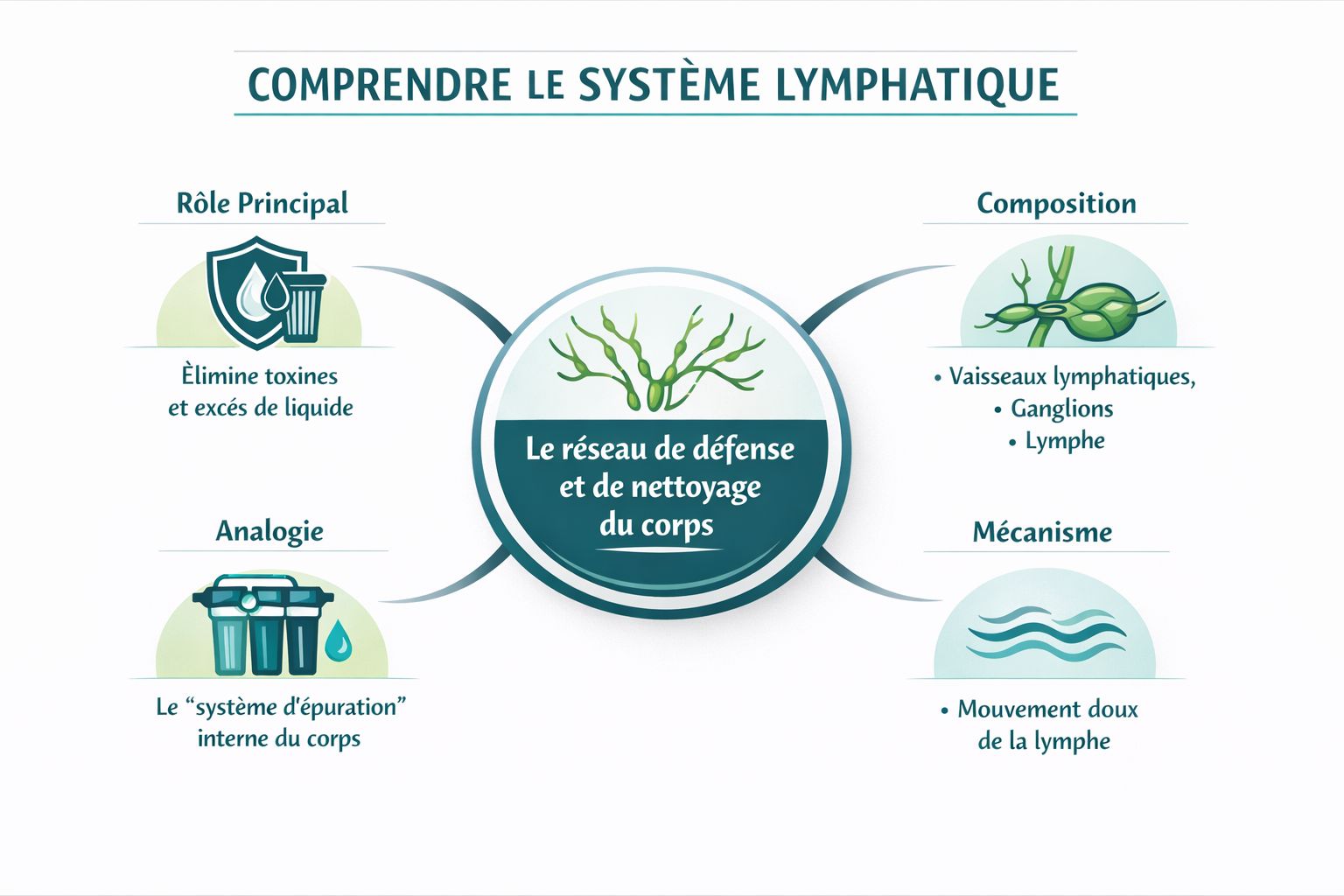 Infographie pédagogique expliquant les rôles, la composition et le fonctionnement du système lymphatique humain.