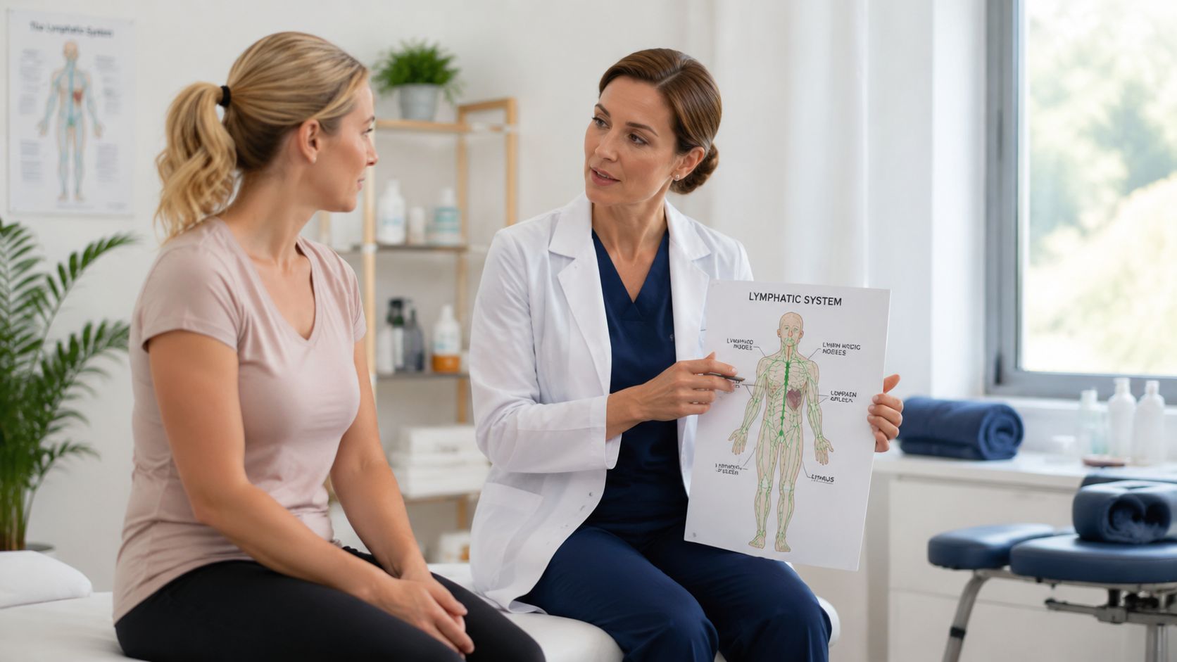 Une praticienne explique le fonctionnement du système lymphatique à sa patiente lors d'une séance de consultation médicale.