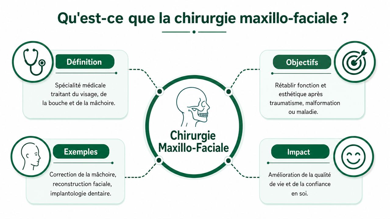 Infographie explicative sur la chirurgie maxillo-faciale détaillant sa définition, ses objectifs, des exemples et son impact.