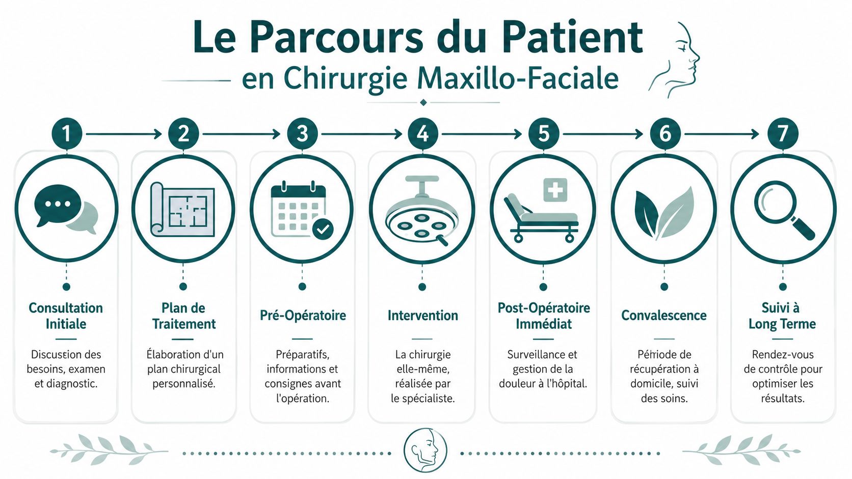 Infographie illustrant les sept étapes du parcours d'un patient en chirurgie maxillo-faciale, de la consultation au suivi.