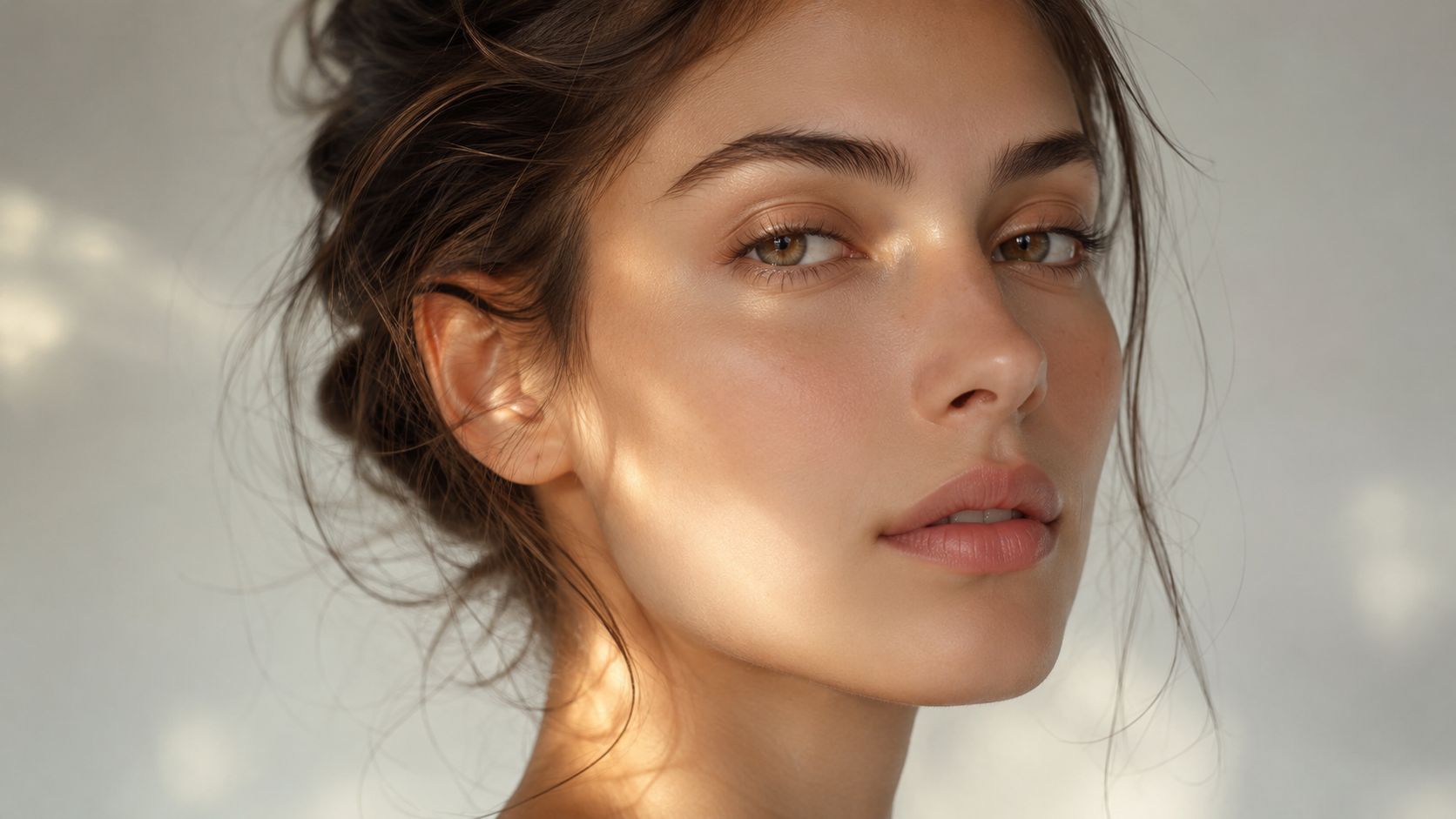 Gros plan sur le visage élégant d'une femme avec une peau lumineuse et un maquillage naturel.
