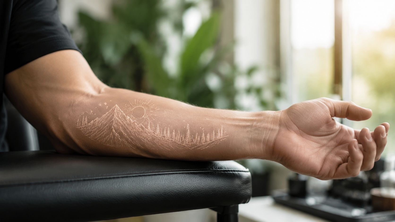 Un avant-bras d'homme arborant un tatouage fin représentant un paysage de montagne avec forêt et soleil