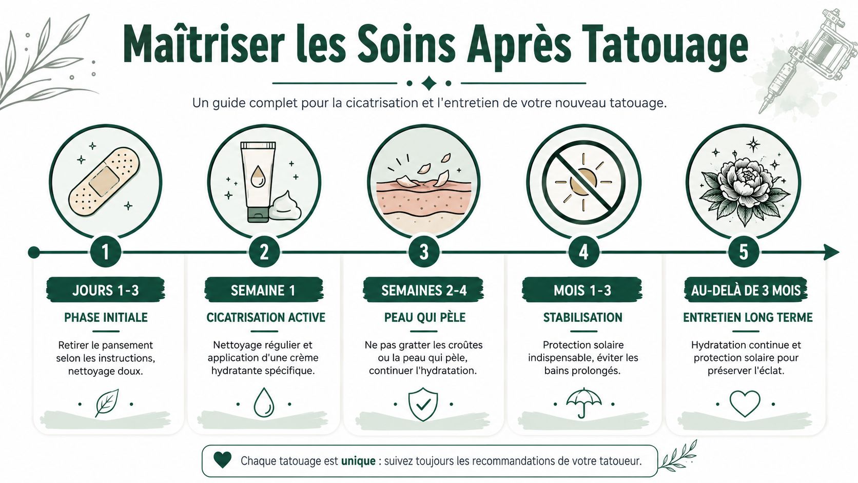 Une infographie montrant les cinq étapes essentielles pour les soins après tatouage, du premier jour au long terme.