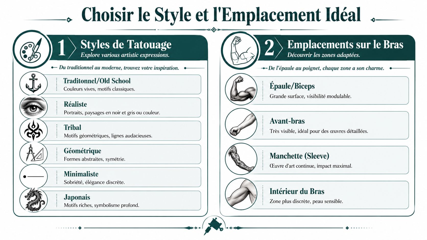Infographie illustrant les différents styles de tatouage et les meilleurs emplacements pour un tatouage sur le bras.