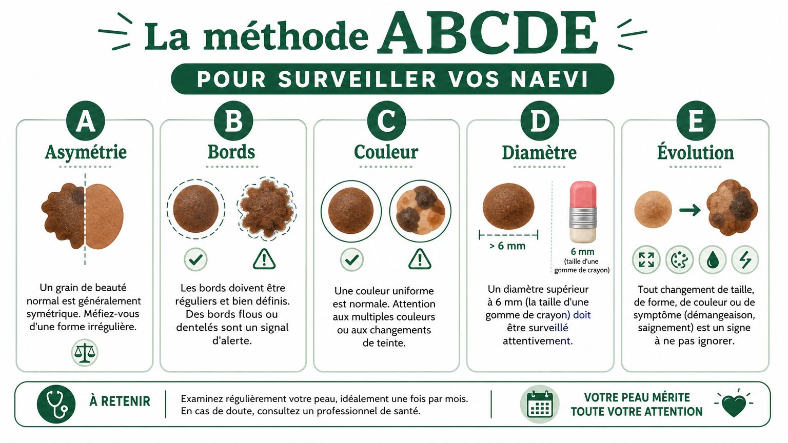 Infographie explicative de la méthode ABCDE pour surveiller les signes de mélanome sur les grains de beauté.
