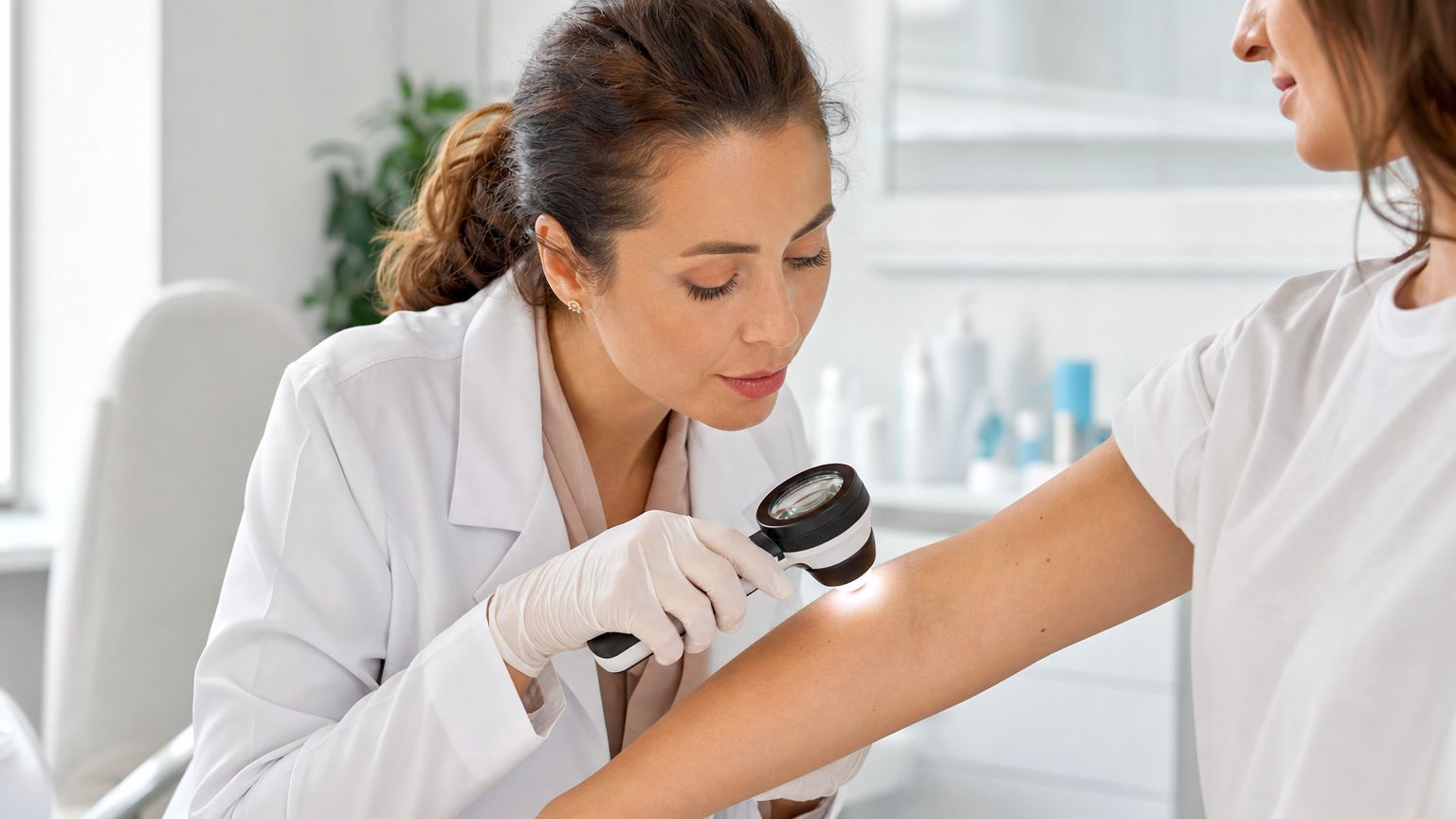Une dermatologue examine attentivement un grain de beauté sur le bras d'une patiente avec un dermatoscope.