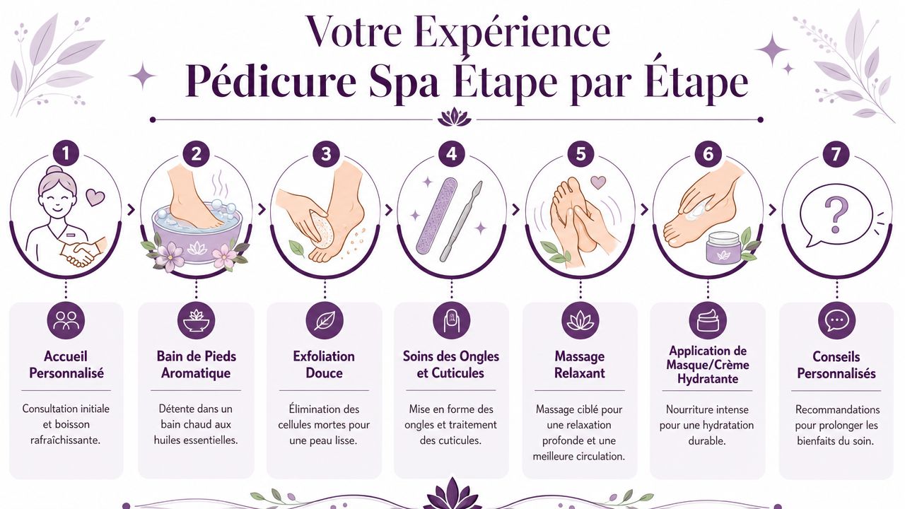 Infographie illustrant les sept étapes d'un soin de pédicure spa relaxant, du conseil personnalisé à l'entretien.