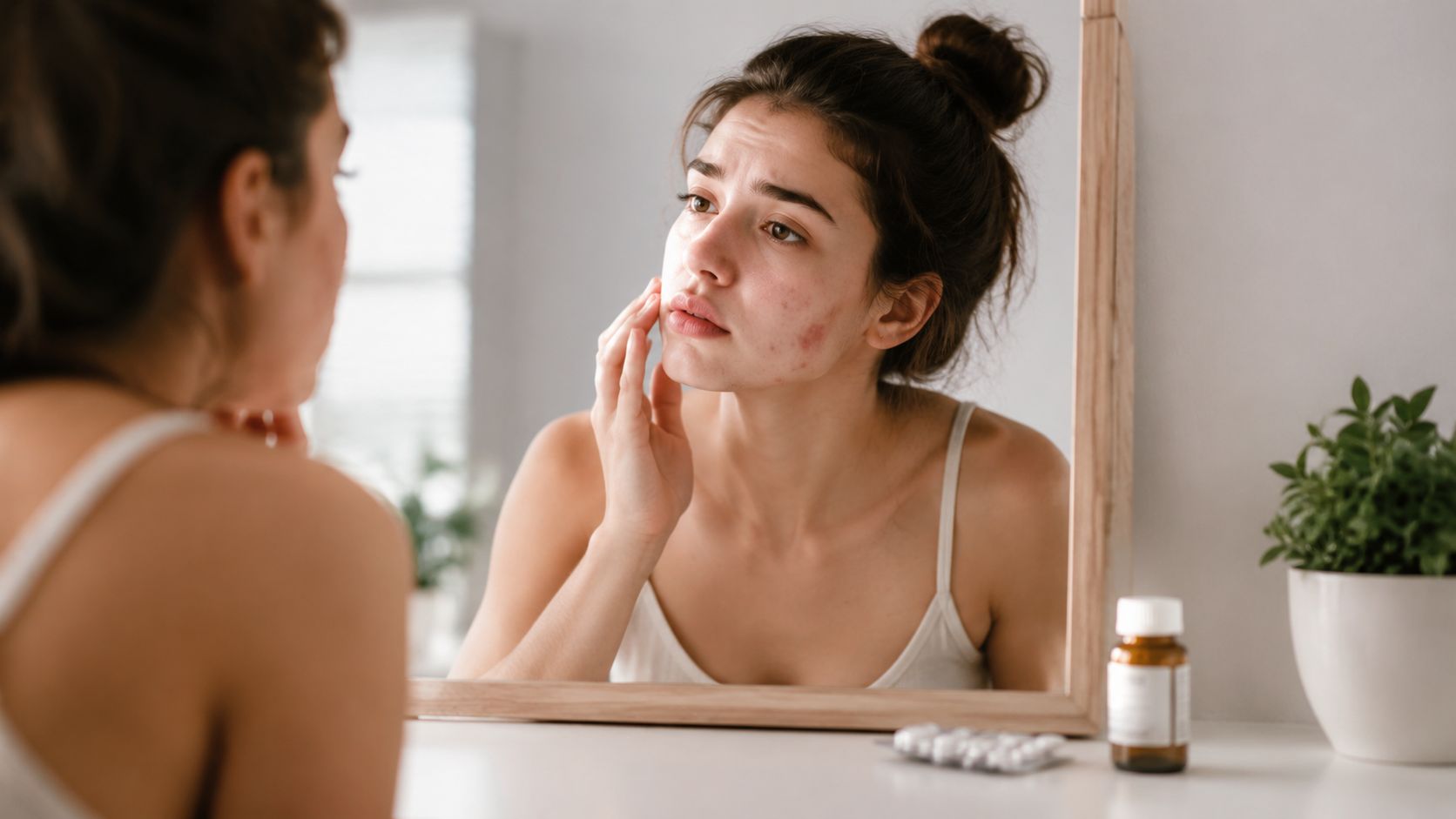 Une jeune femme regarde avec inquiétude les boutons d'acné sur son visage dans le miroir de la salle bain.