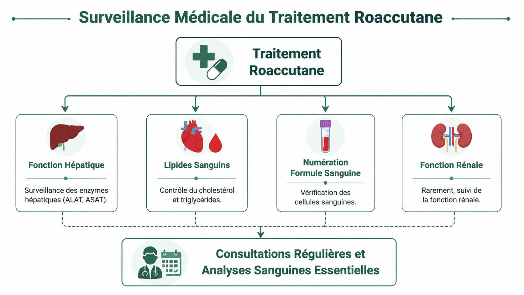 Schéma explicatif illustrant le suivi médical et les analyses sanguines nécessaires lors d'un traitement par Roaccutane.